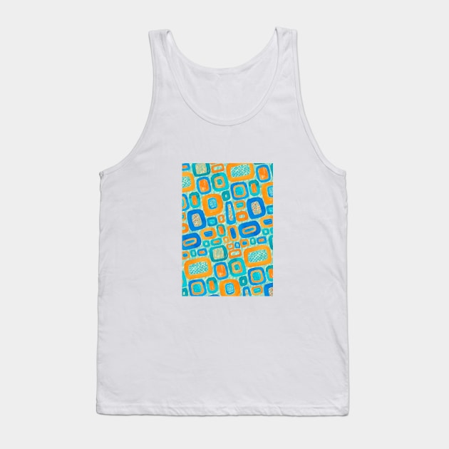 A vibrant pattern with blue and orange shapes reminiscent of retro designs Tank Top by downundershooter